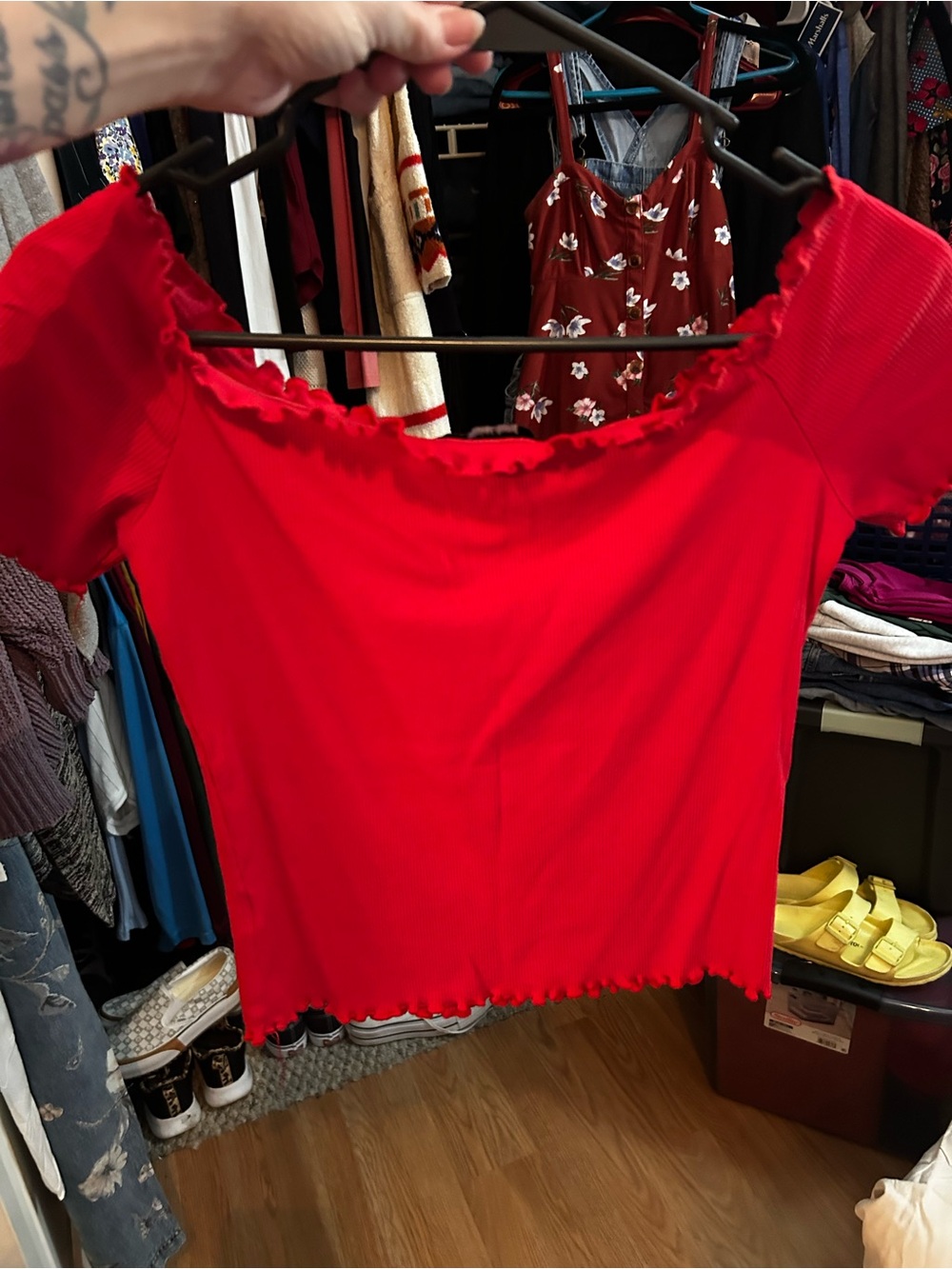 Ambiance Red Ribbed Scoop Crop Top with Lettuce Hem - Picture 3 of 6
